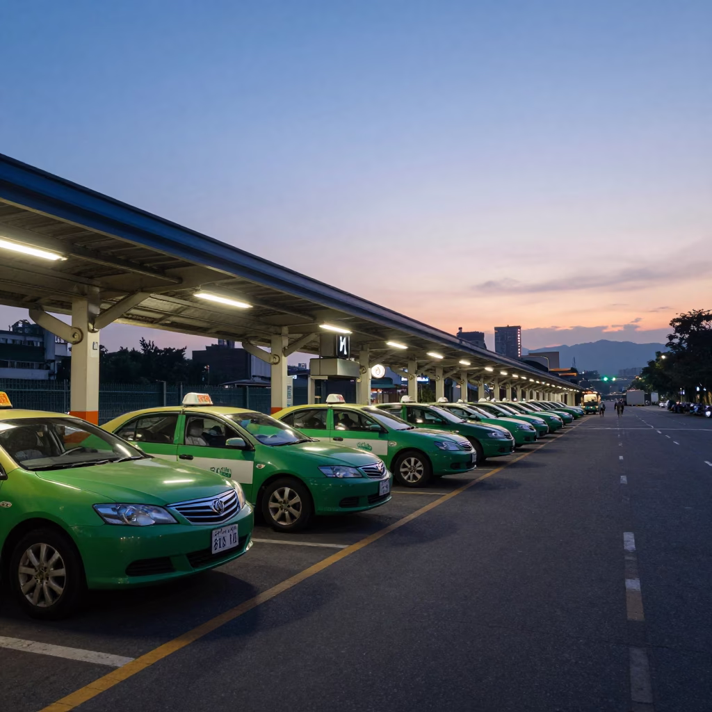 Taipei Taxi Rank Outside Train Station at Twilight Before Sunrise Cool Stillness in in Taipei, Taiwan