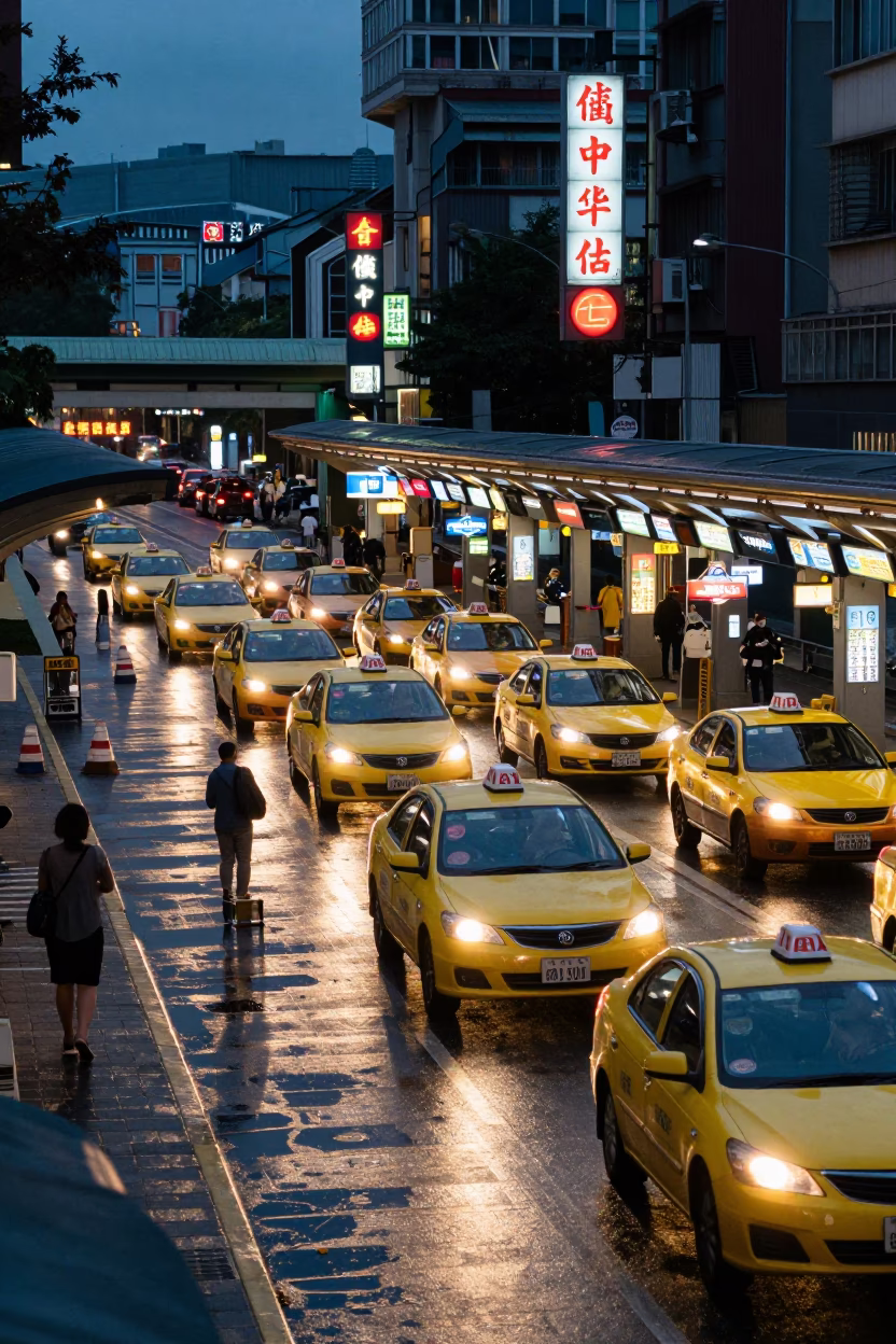 Taipei Taxi Rank Outside Train Station at Twilight with Wet Pavement Reflections in in Taipei, Taiwan