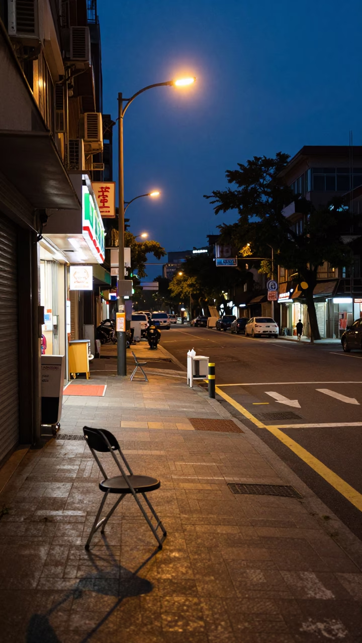 Taipei Twilight Street Scene with Folding Chair and Urban Atmosphere in in Taipei, Taiwan