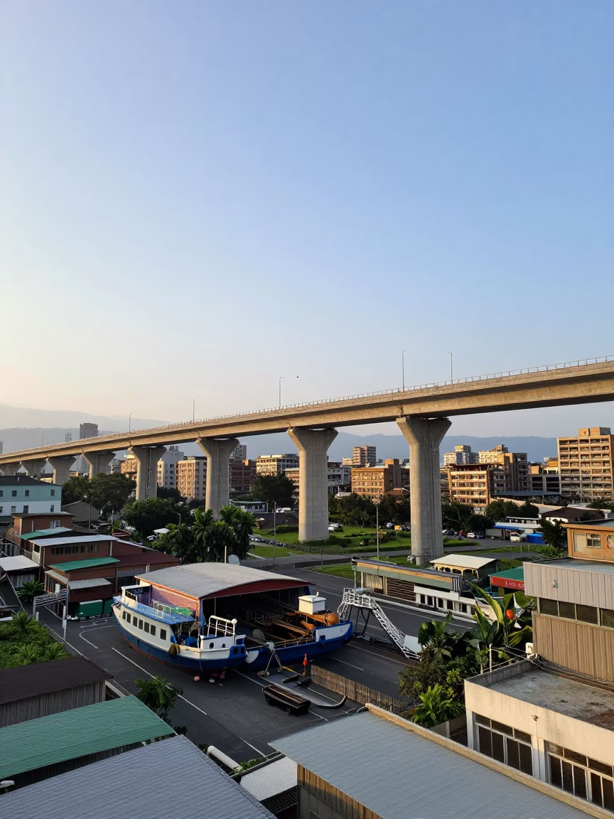 Taipei Urban Landscape with Concrete Viaduct and Junk Boat in Harbor in in Taipei, Taiwan