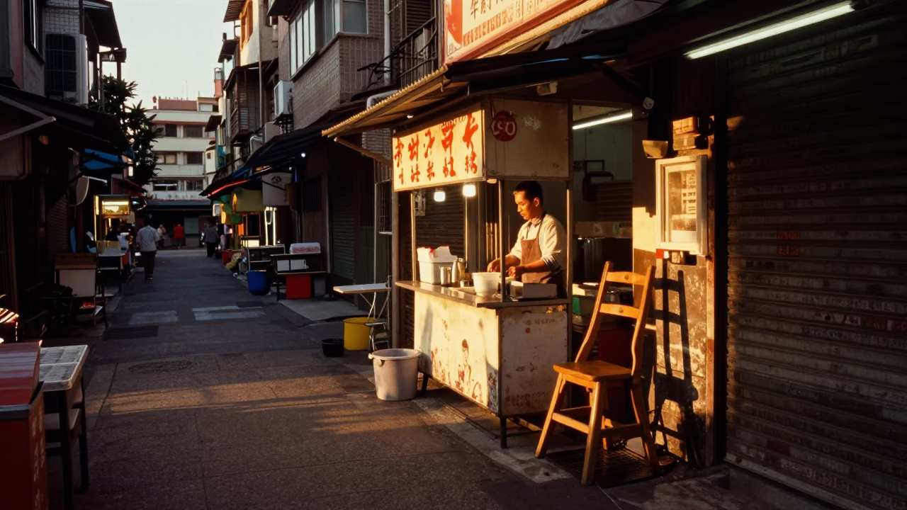 Taipei Vendor Scene at Golden Hour in in Taipei, Taiwan