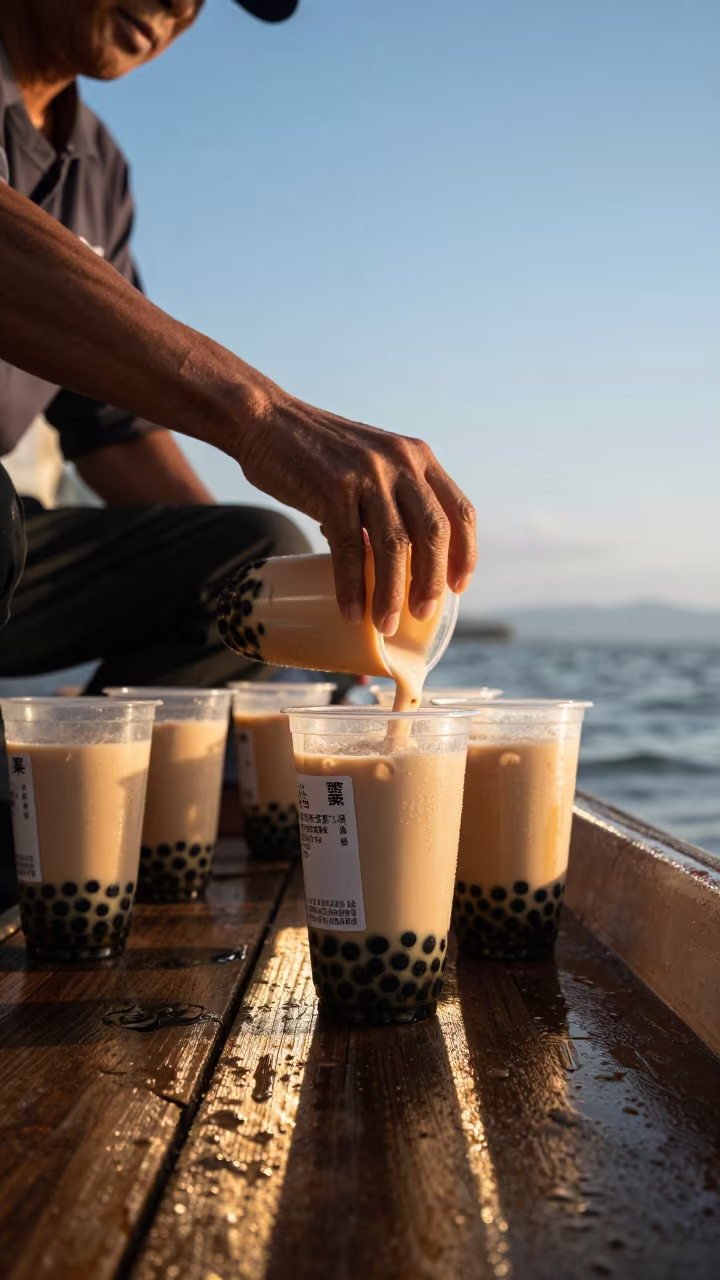Taipei Vendor Shaking Bubble Tea Cups in at a floating market boat in Santo Domingo