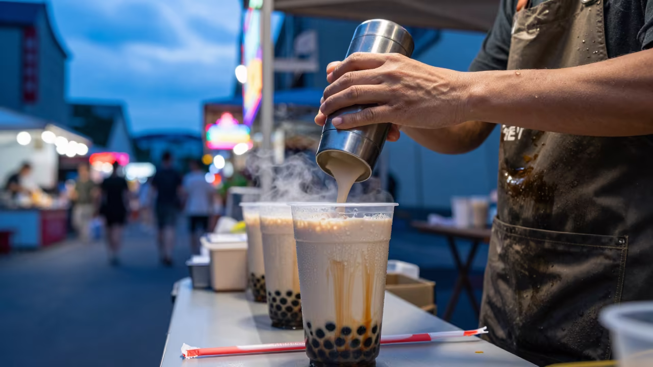Taipei Vendor Shaking Cups in Leipzig Night Market in in a flea market lane in Leipzig