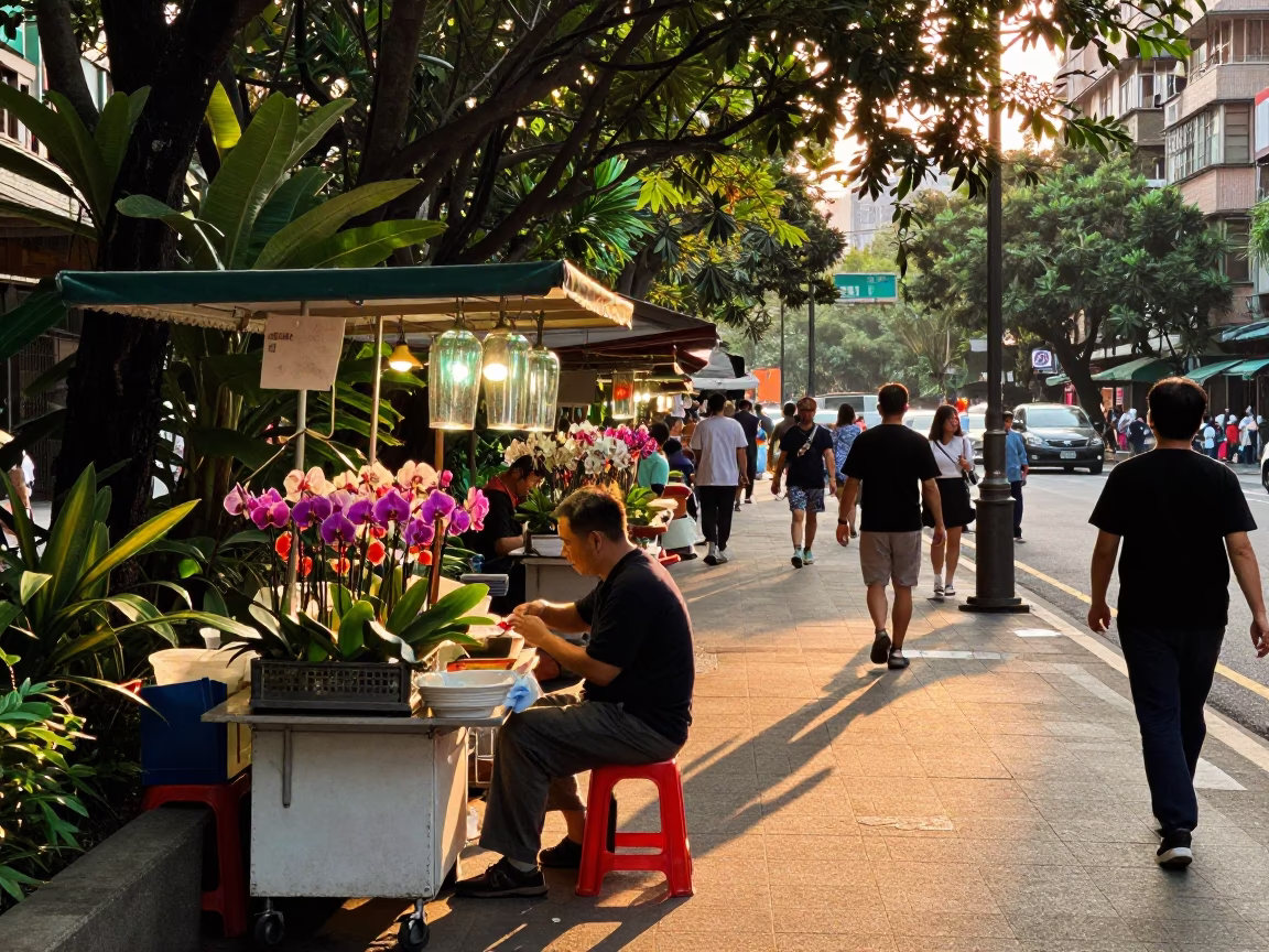 Taiwan 1970s Golden Hour Street Scene with Tropical Orchids and Glass Pitcher in in Taipei, Taiwan