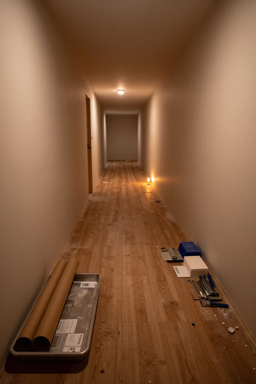 Taiwan Construction Deficiency Tag Tray Predawn in inside an unfinished corridor in Taiwan