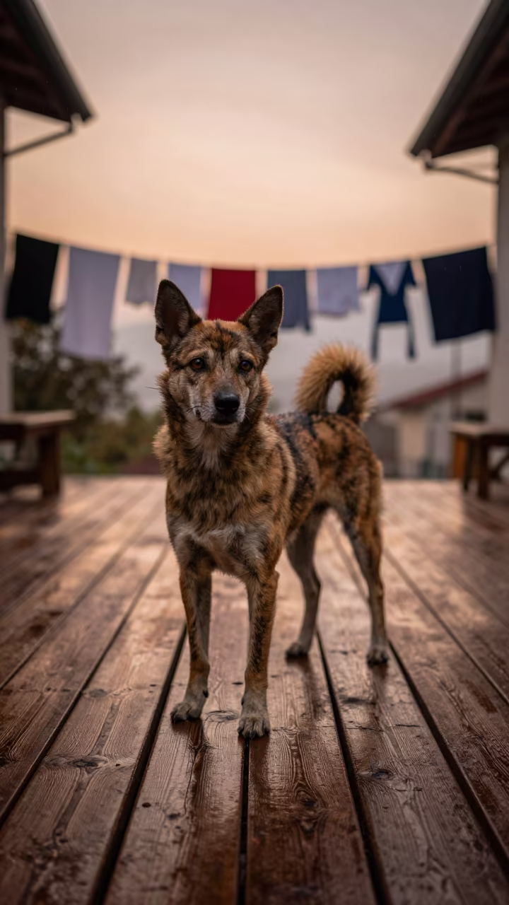 Taiwan Dog on Tirana Porch in Dusk Light in on a shaded front porch with boards, railings, and eye-level framing in Tirana