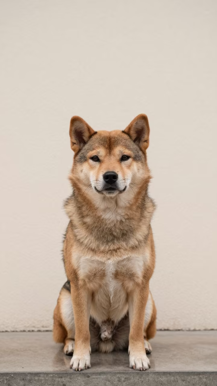 Taiwan Dog Portrait Beside Plaster Wall in beside a plain plaster wall in soft indoor light with the animal centered in frame in Zagazig