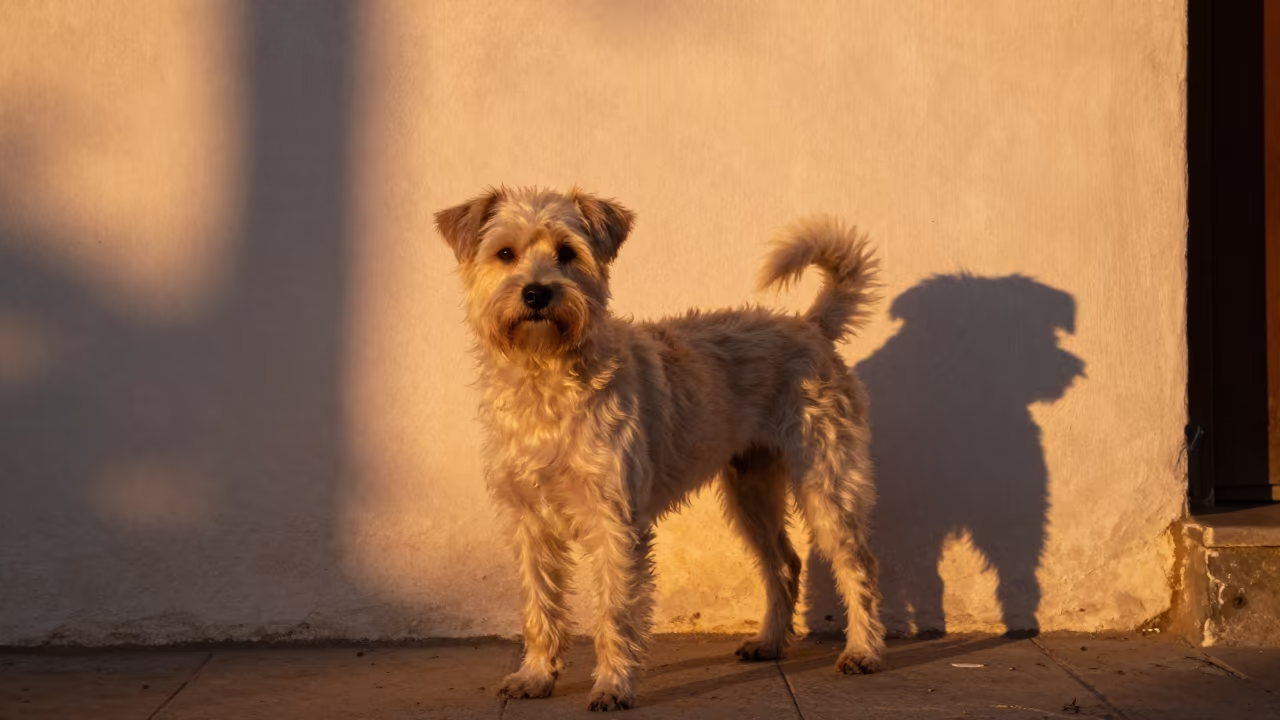 Taiwan Dog Portrait in Ghardaia Winter Light in beside a plain plaster wall in soft indoor light with the animal centered in frame in Ghardaia