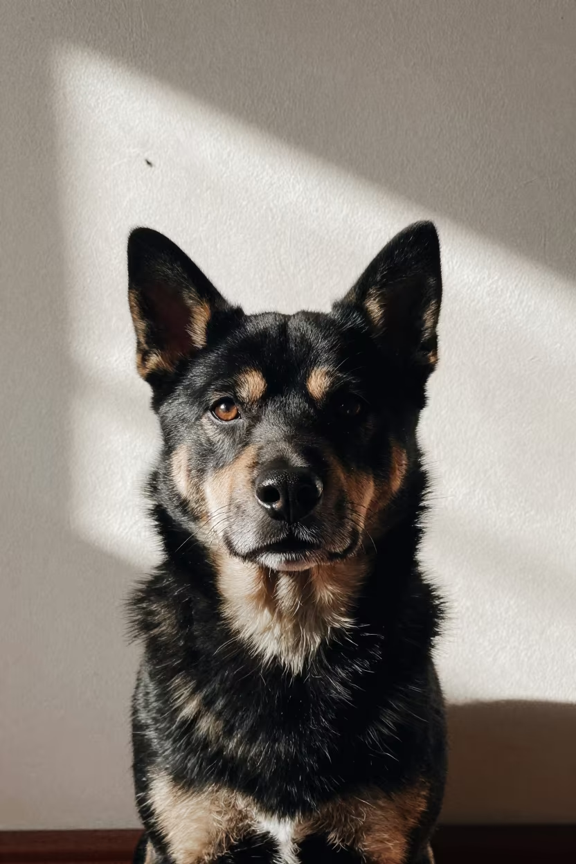 Taiwan Dog Portrait in Taiyuan Plaster Room in beside a plain plaster wall in soft indoor light with the animal centered in frame in Taiyuan