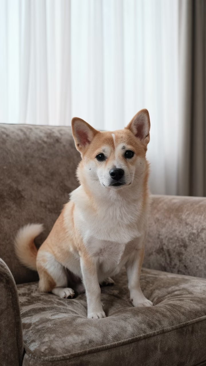 Taiwan Dog Portrait on Sofa Near Curtained Window in on a sofa near a curtained window with calm indoor light in Jodhpur
