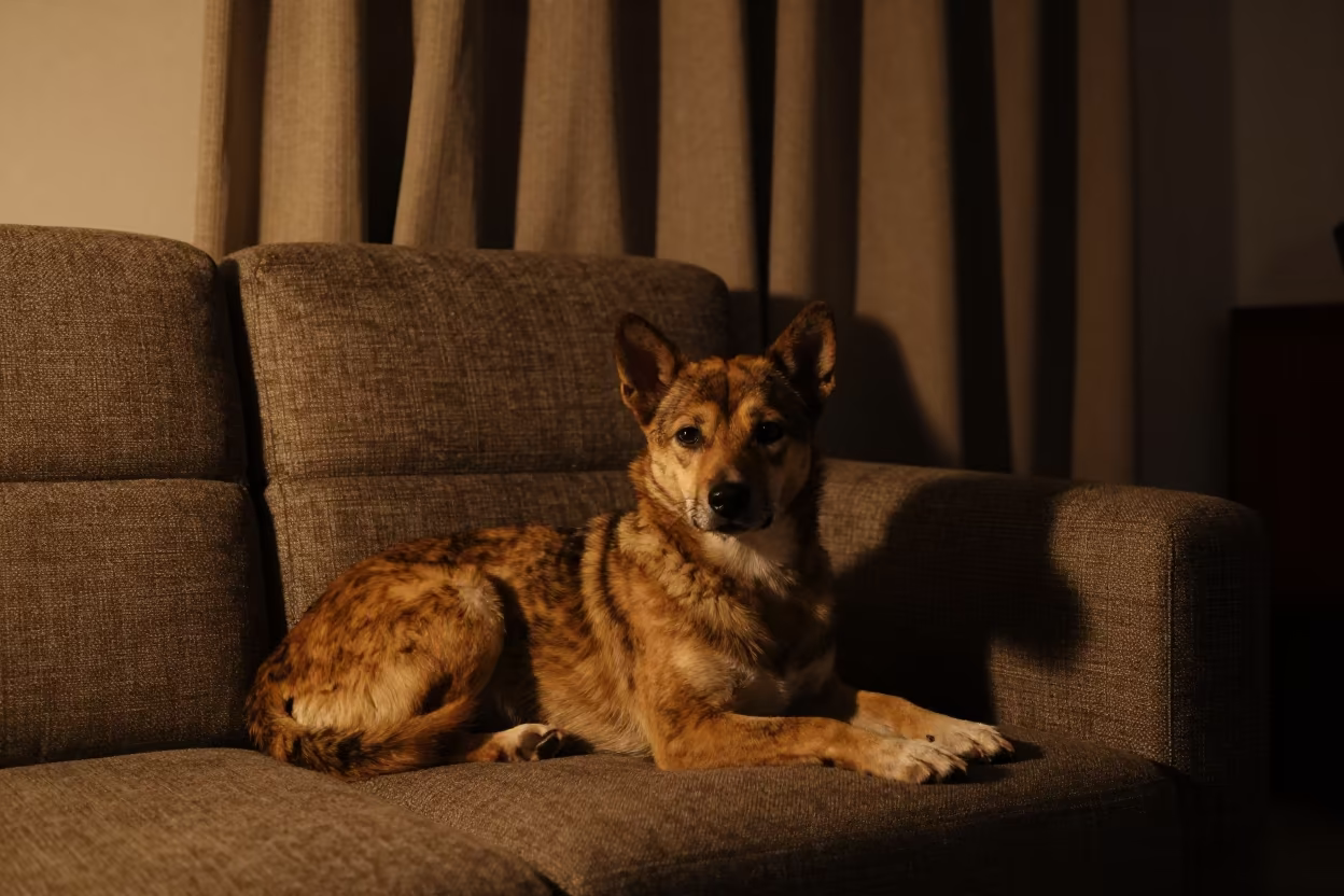 Taiwan Dog Portrait on Sofa Near Window in on a sofa near a curtained window with calm indoor light near Nagpur