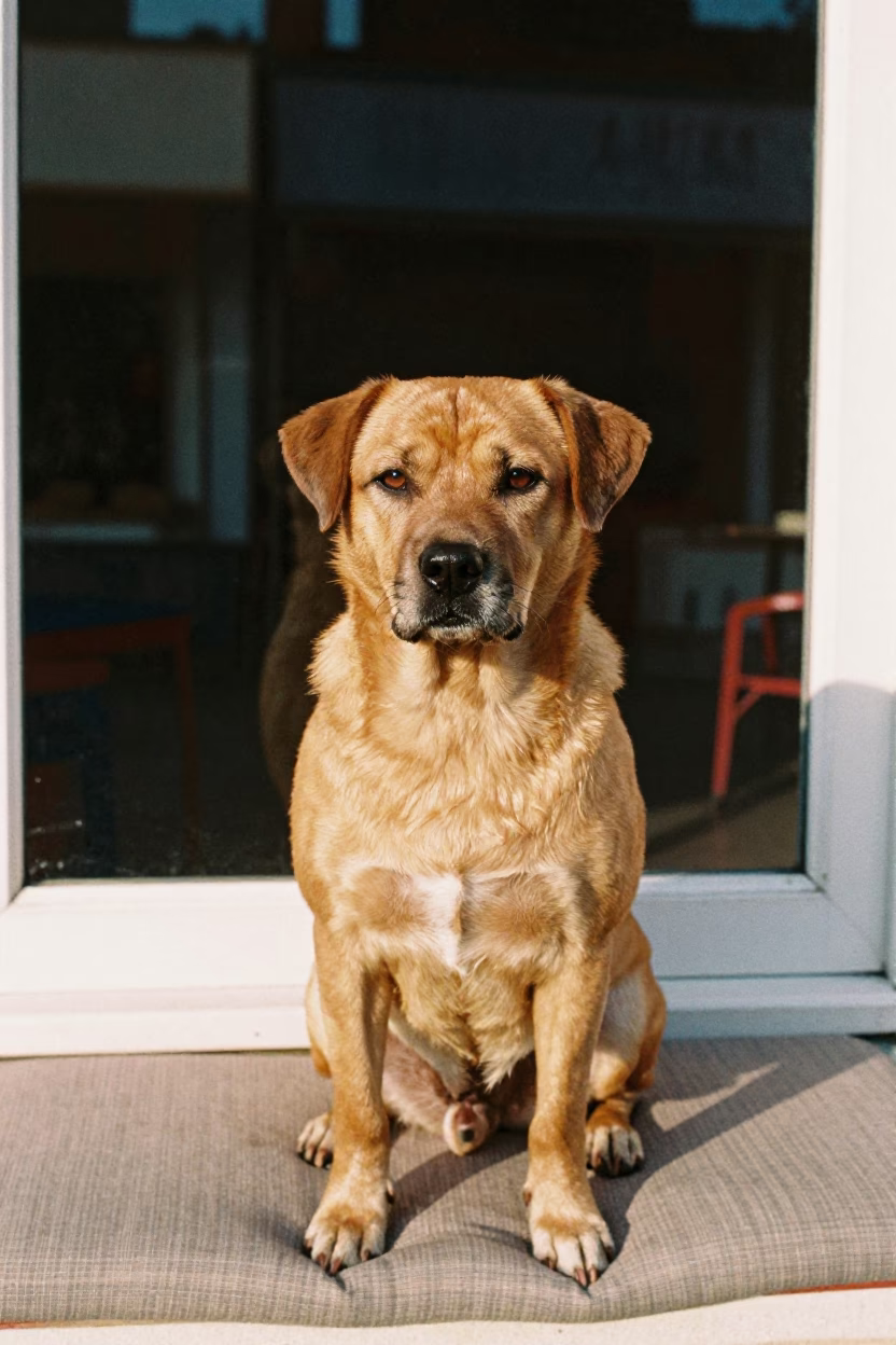 Taiwan Dog Portrait on Window Seat in on a cushioned window seat with soft side light and an uncluttered background in Omdurman