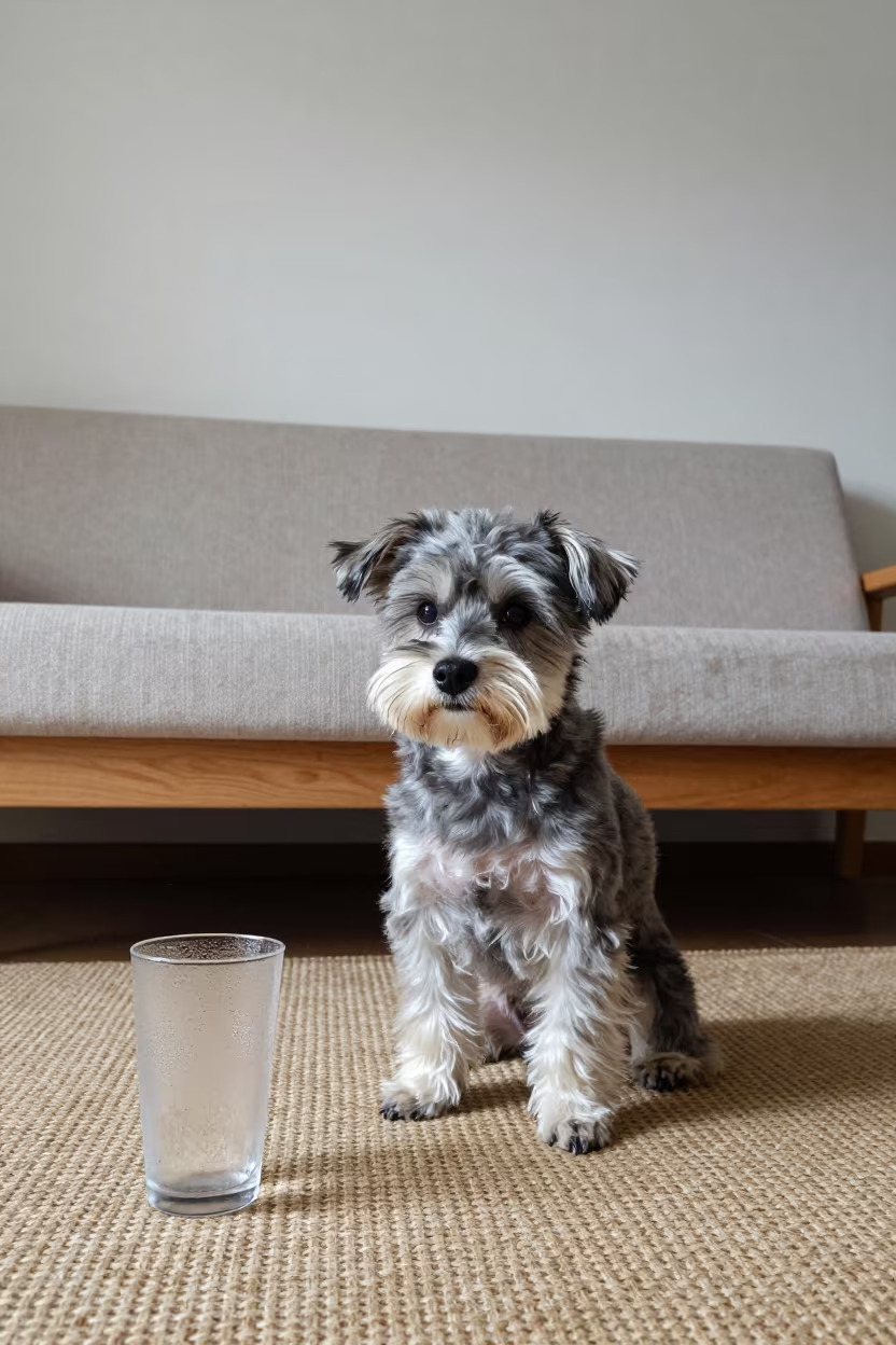 Taiwan Dog Resting on Rug in Hefei Home in on a woven rug beside a low couch and an uncluttered wall in Hefei