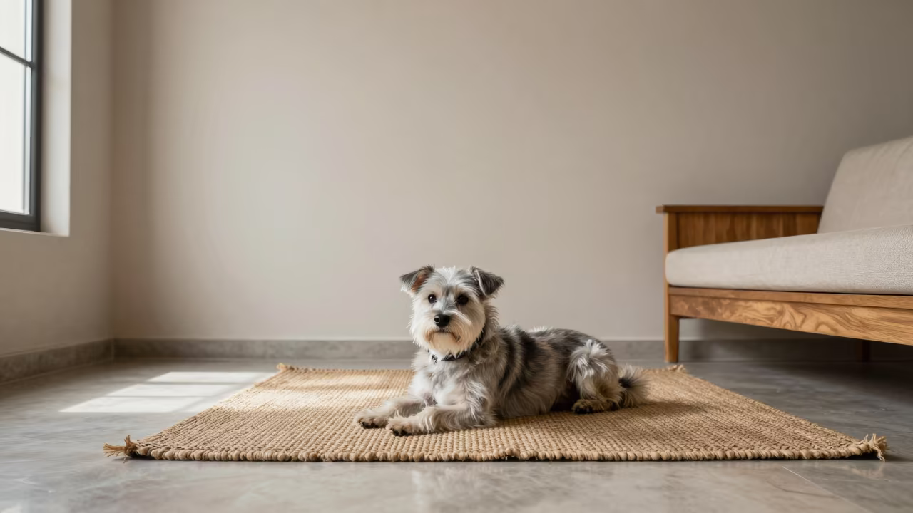 Taiwan Dog Resting on Rug in Muscat Home in on a woven rug beside a low couch and an uncluttered wall near Muscat