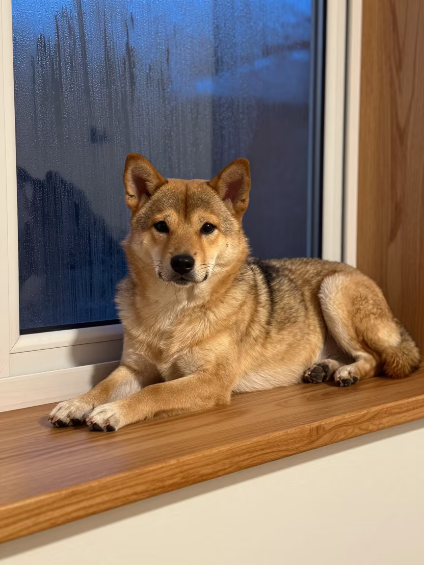 Taiwan Dog Resting on Window Seat in Bimbo in on a window seat in a quiet apartment with soft side light in Bimbo