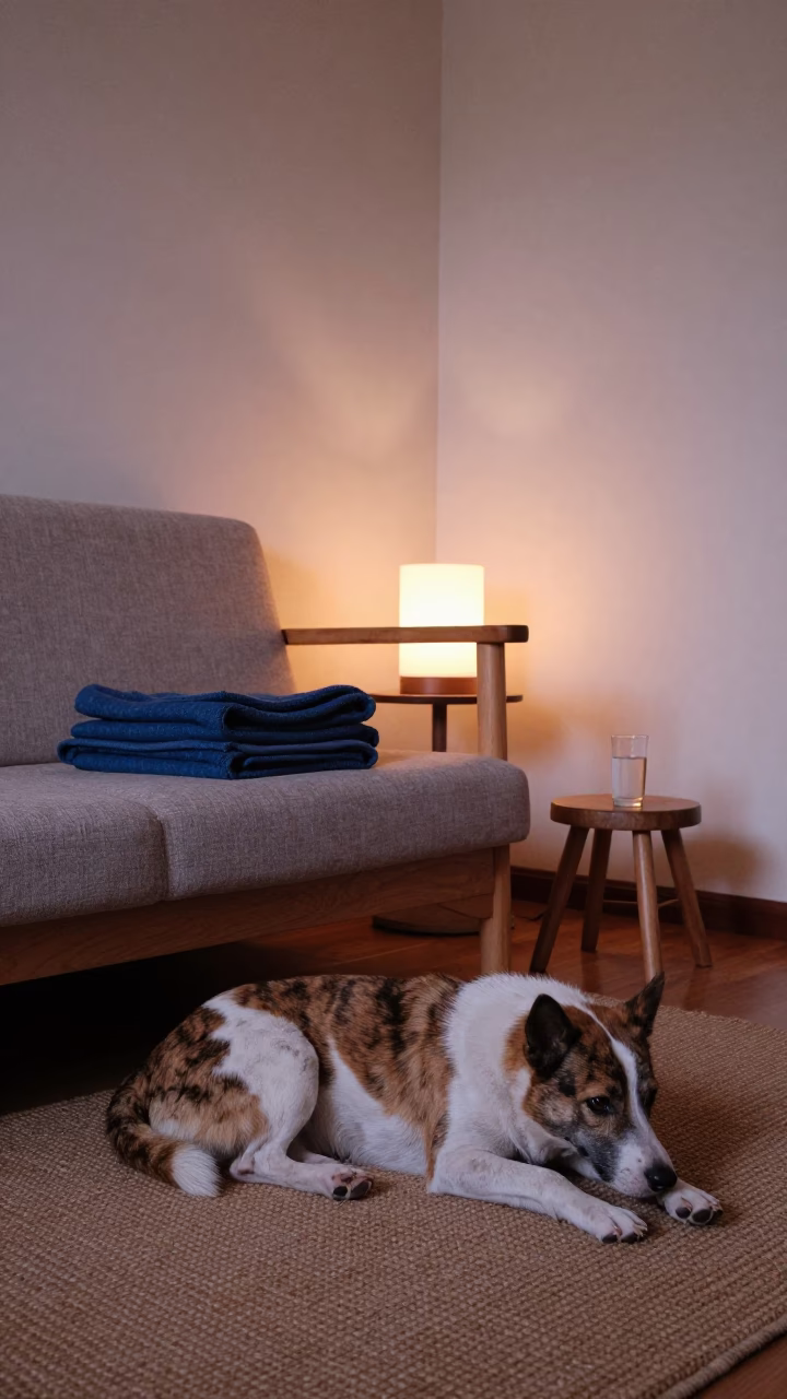 Taiwan Dog Resting on Woven Rug in Fuzhou Home in on a woven rug beside a low couch and an uncluttered wall in Fuzhou