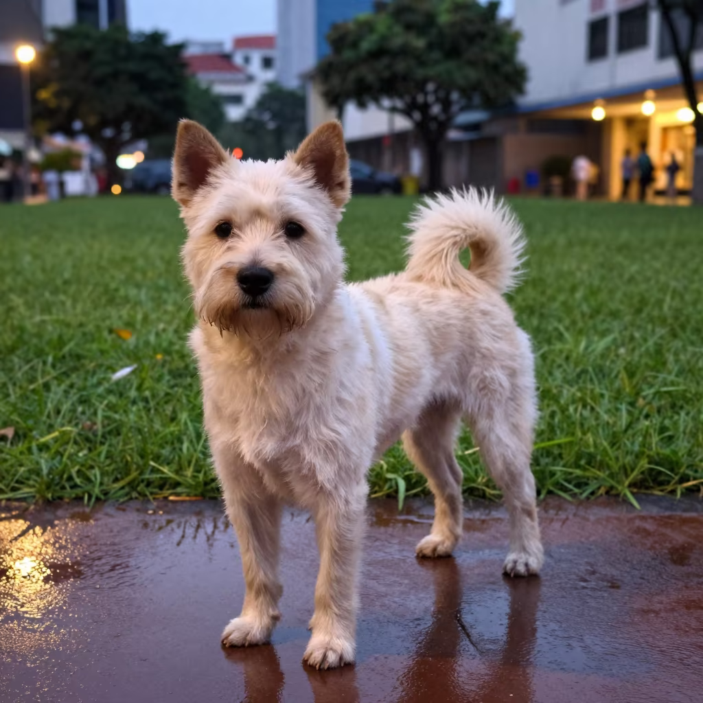 Taiwan Dog Standing in Ho Chi Minh Yard in in a small yard with clipped grass, calm light, and the animal centered in frame in Ho Chi Minh City