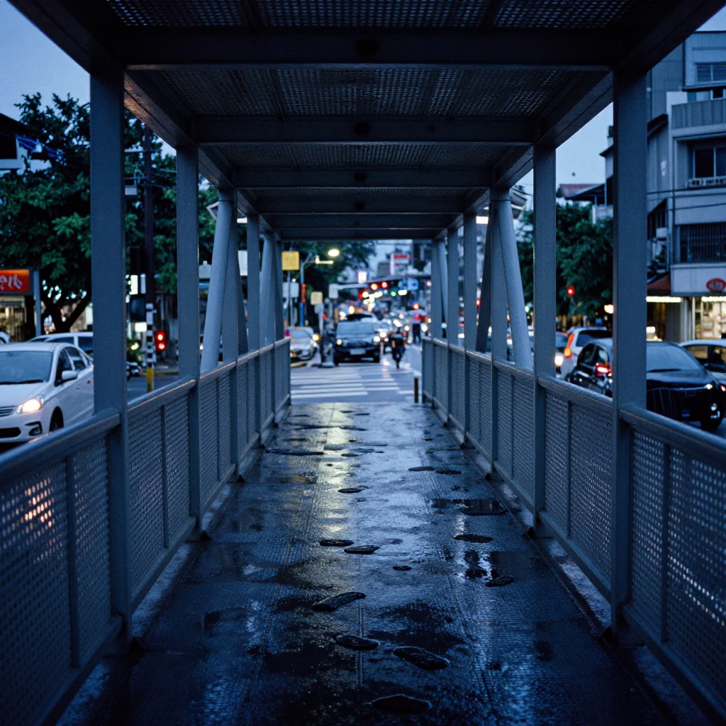 Taiwan Evening Pedestrian Overpass Perforated Metal Wet Footsteps Urban Taipei Street Photography in in Taipei, Taiwan