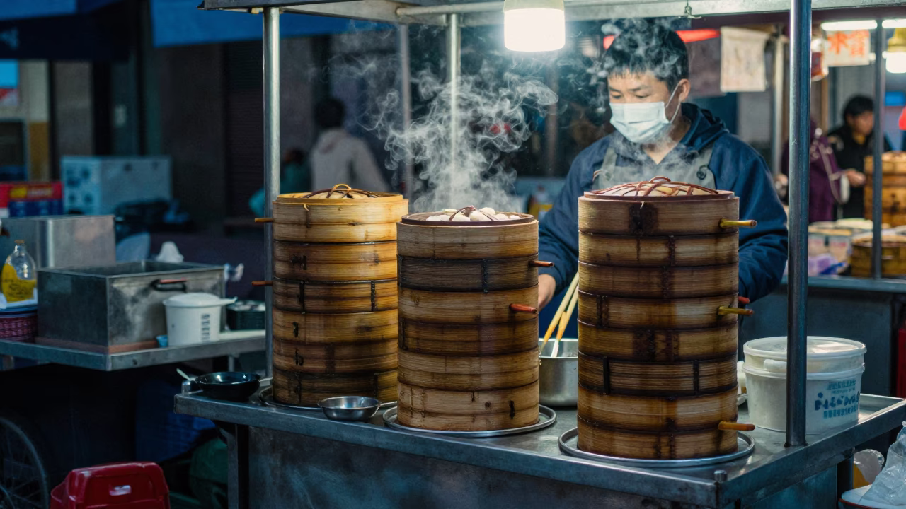 Taiwan Night Market Stall Before Dawn with Bamboo Steamers and Morning Light in in Taipei, Taiwan