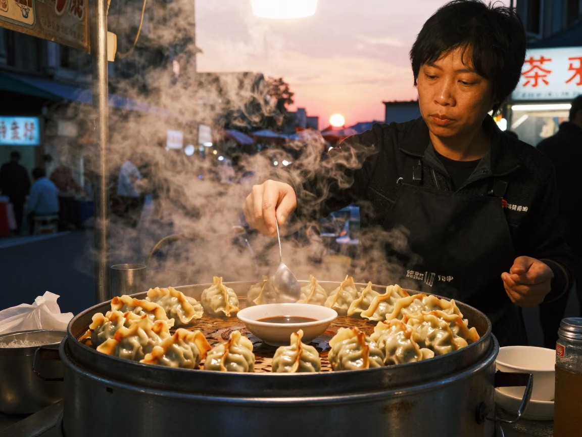 Taiwan Night Market Street Food Vendor Serving Gyoza at Sunset in Taipei in in Taipei, Taiwan