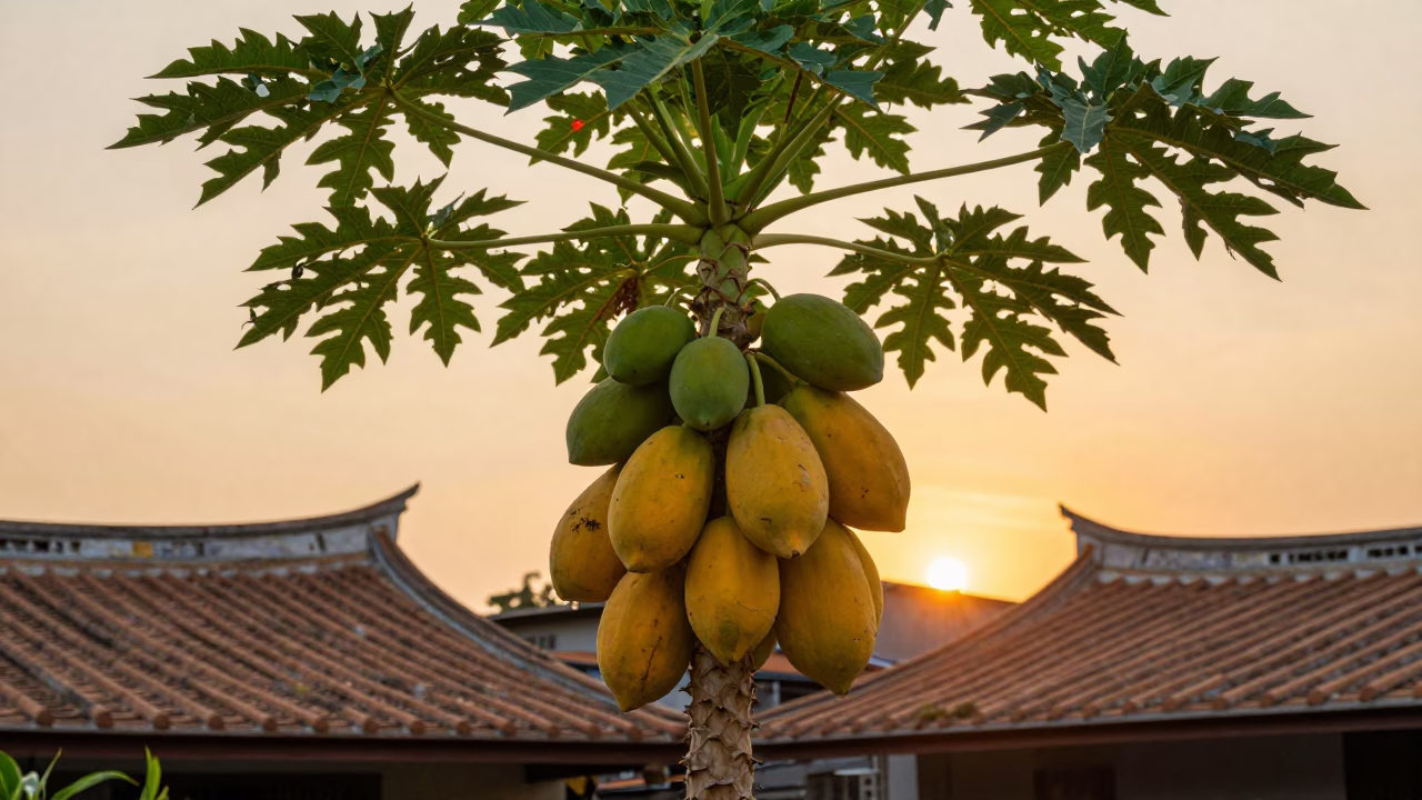 Taiwan Papaya Tree Fruit Stages Golden Hour Street Scene Taipei in in Taipei, Taiwan