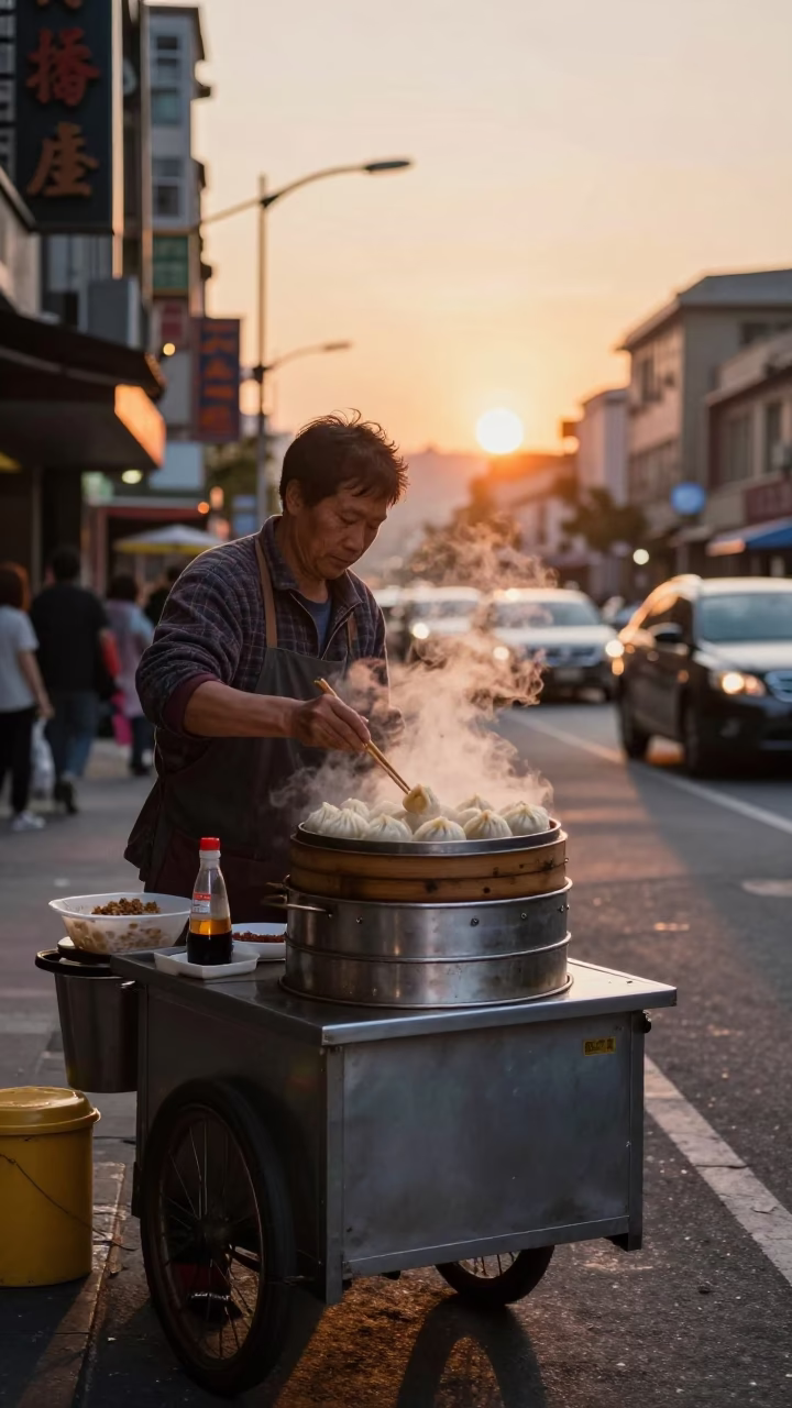 Taiwan street food vendor preparing xiaolongbao with vinegar at dusk in Taipei in in Taipei, Taiwan