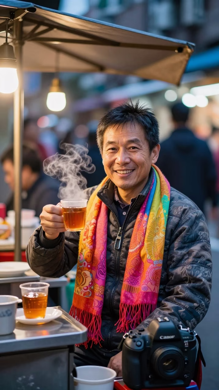 Taiwan Street Vendor Enjoying Evening Tea with Scarf and Coiled Rope in Taipei in in Taipei, Taiwan