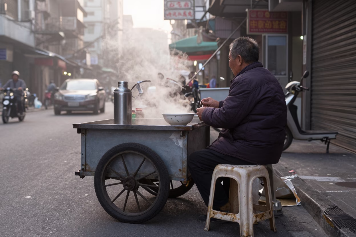 Taiwan Taipei Dawn Street Scene with Congee Bowl and Thermos at First Light in in Taipei, Taiwan