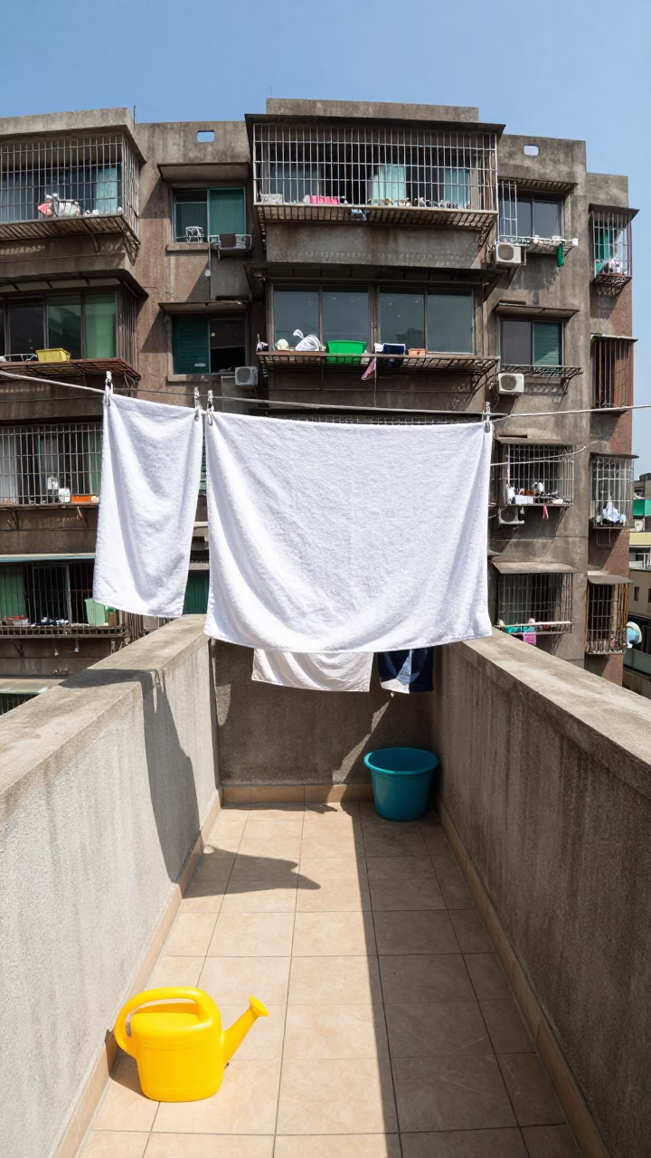 Taiwanese apartment balcony with drying laundry under flat noon light in in Taipei, Taiwan
