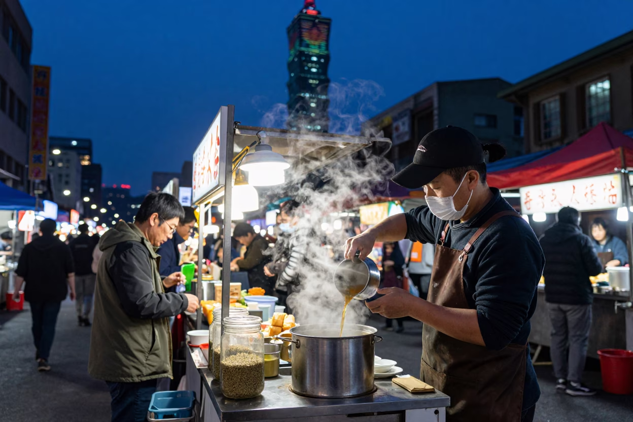 Taiwanese Night Market Stall with Steaming Genmaicha and Brushed Steel Details in Indigo Twilight in in Taipei, Taiwan