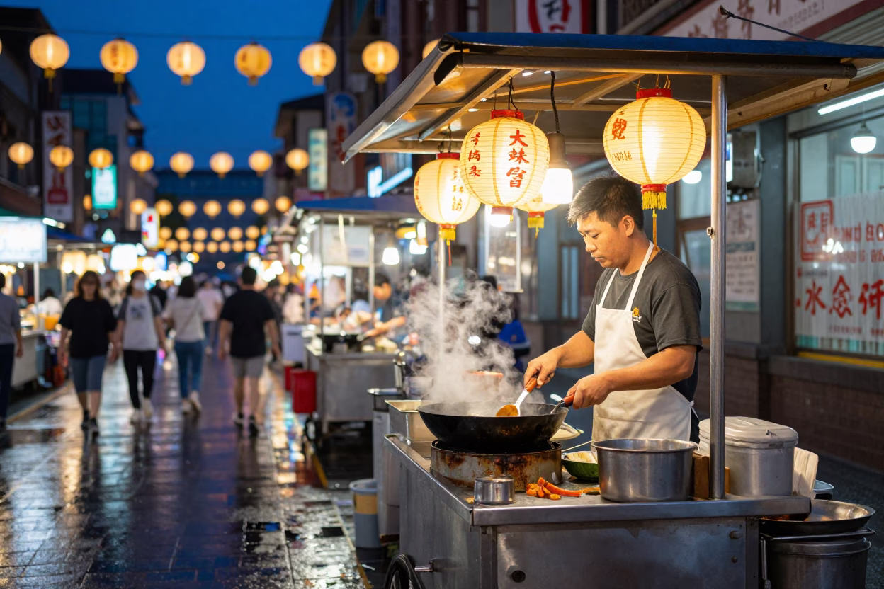Taiwanese Night Market Street Vendor Cooking with Woks in Indigo Twilight in in Taipei, Taiwan