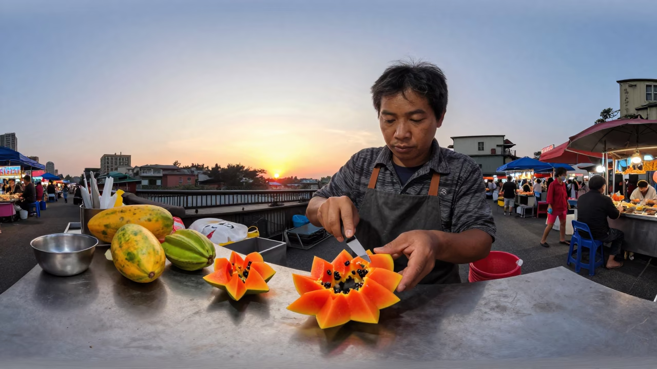 Taiwanese Night Market Vendor Carving Thai Fruit Flowers in Taipei Dusk Light in in Taipei, Taiwan