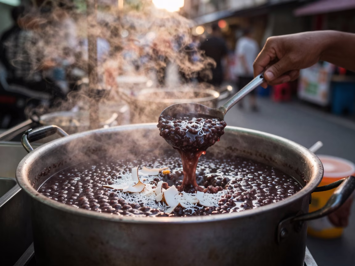 Taiwanese Street Food Stall at Dawn Serving Bubur Ketan Hitam and Blueberries in in Taipei, Taiwan