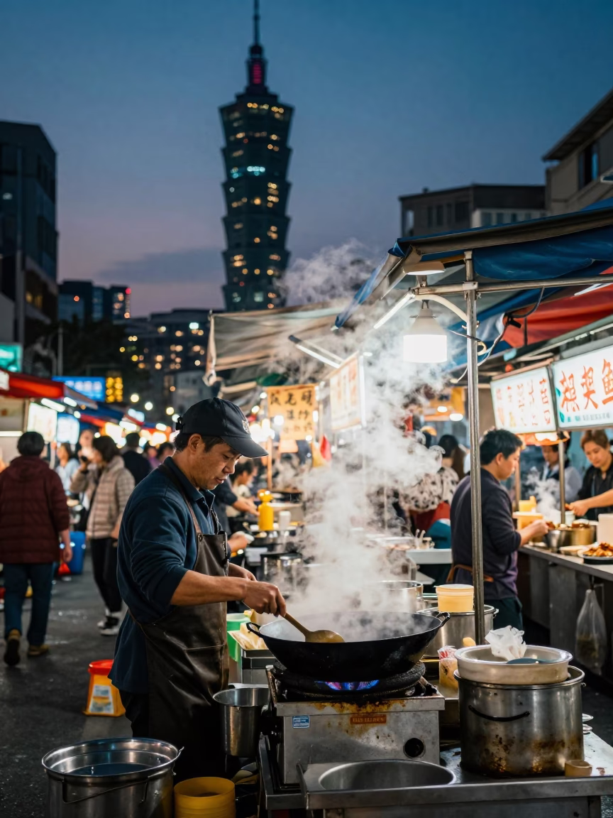Taiwanese Street Food Stall at Dusk with Steam Rising from Woks and Neon Signs in in Taipei, Taiwan