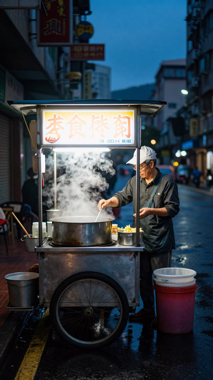 Taiwanese Street Food Stall at Indigo Twilight with Electric Kettle and Spice Tins in in Taipei, Taiwan