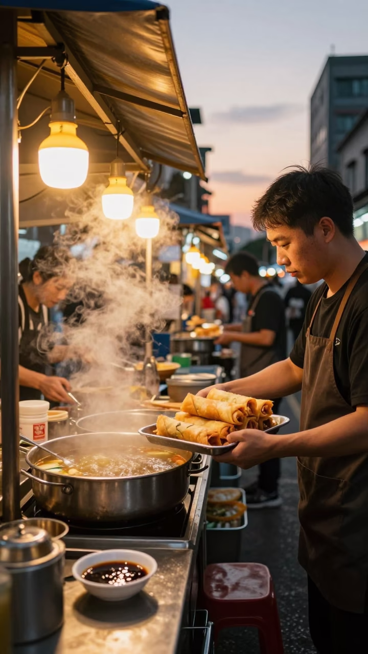Taiwanese Street Food Stall at Sunset with Spring Rolls and Udon in Taipei in in Taipei, Taiwan