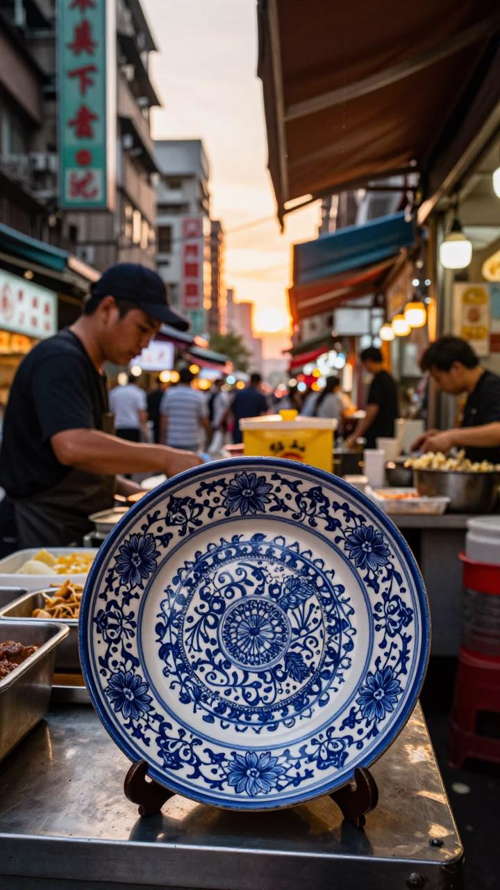 Taiwanese Street Food Stall at Sunset with Vintage Italian Majolica Plate and Kitchen Stool in in Taipei, Taiwan