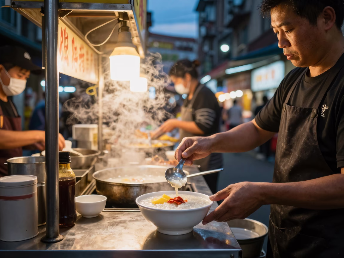 Taiwanese Street Food Stall at Twilight with Steaming Congee and City Life in in Taipei, Taiwan