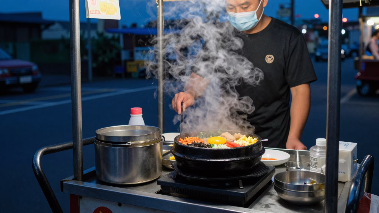 Taiwanese Street Food Stall Dolsot Bibimbap and Condensation in Indigo Twilight Taipei in in Taipei, Taiwan