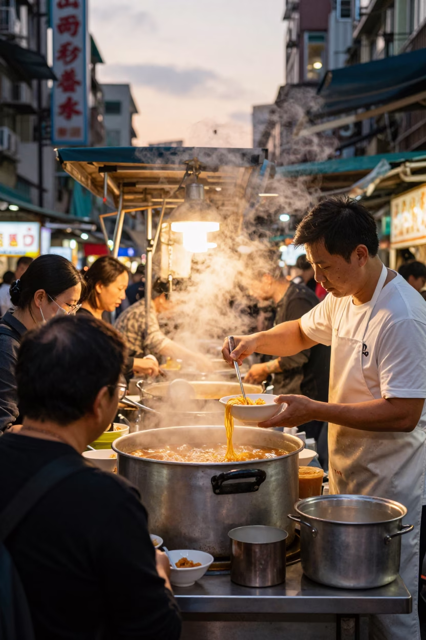 Taiwanese Street Food Stall Evening Scene with Steam and Customers in Taipei in in Taipei, Taiwan