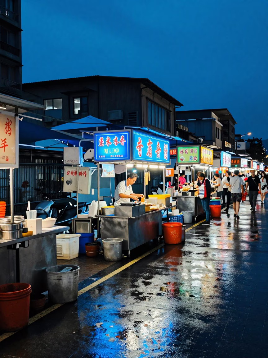 Taiwanese Street Food Stall Indigo Twilight Neon Reflections and Steam in in Taipei, Taiwan