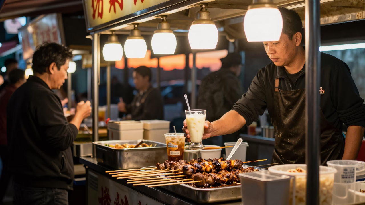 Taiwanese Street Food Stall with Ayran and Kebab at Sunset in Taipei in in Taipei, Taiwan