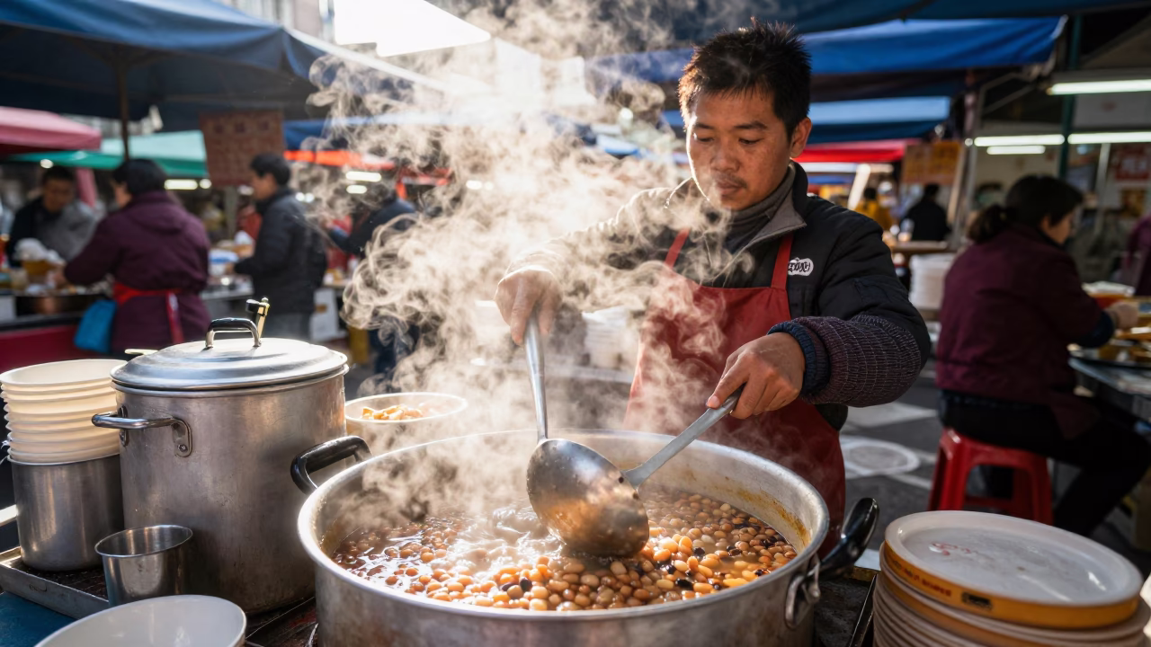 Taiwanese Street Food Vendor Preparing Fasolia Bean Stew and Bread in Taipei Late Morning in in Taipei, Taiwan