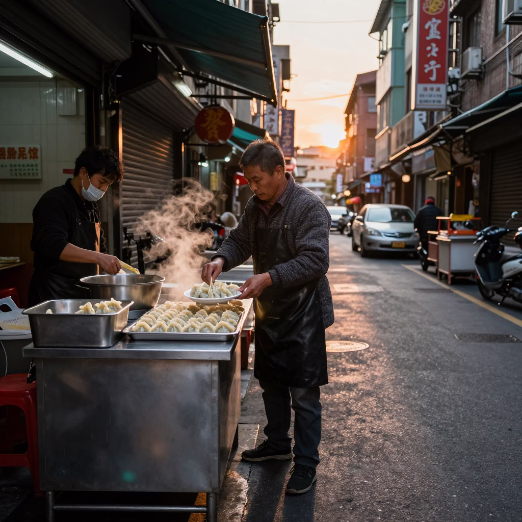 Taiwanese Street Food Vendor Preparing Manti Dumplings with Garlic Yogurt in Taipei at Sunset in in Taipei, Taiwan