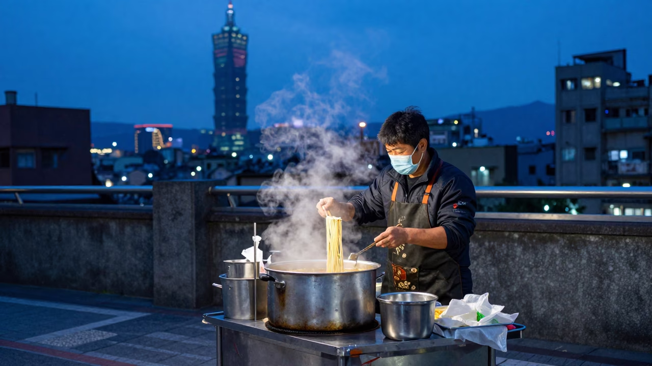 Taiwanese street food vendor preparing noodles under indigo twilight neon lights in Taipei in in Taipei, Taiwan
