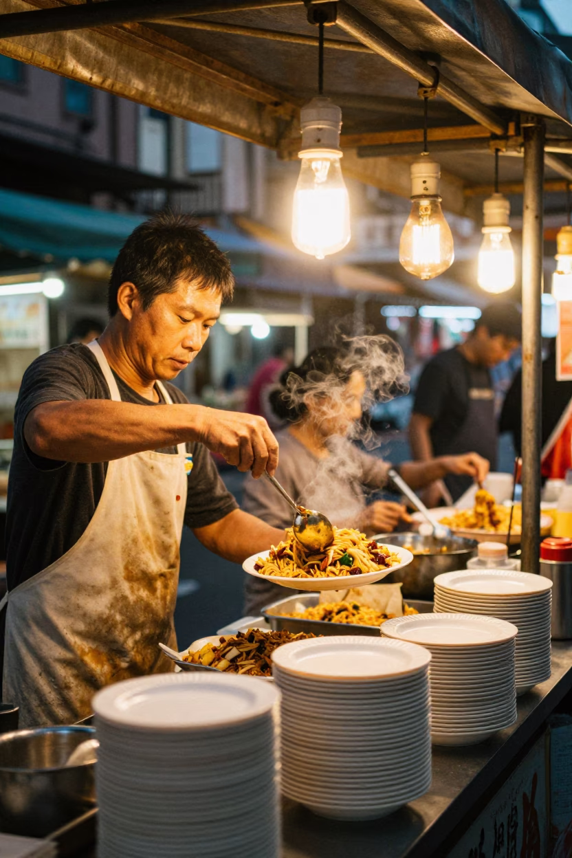 Taiwanese Street Food Vendor Serving Koshari in Taipei During Golden Hour Evening in in Taipei, Taiwan