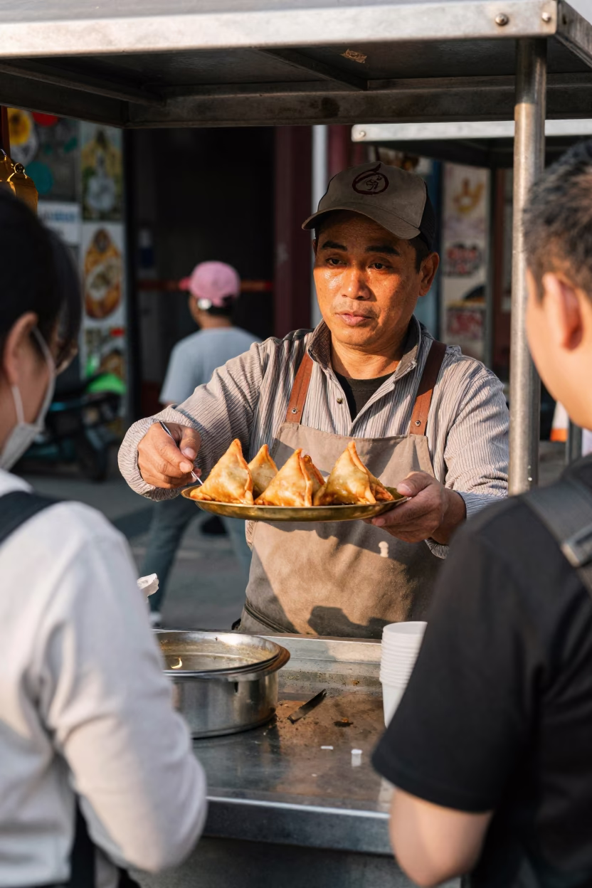 Taiwanese Street Food Vendor Serving Samosas in Clear Late Afternoon Light in in Taipei, Taiwan