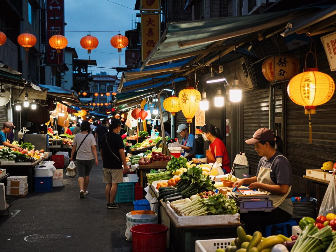 Taiwanese Street Market Twilight Scene with Lanterns and Vendors in in Taipei, Taiwan