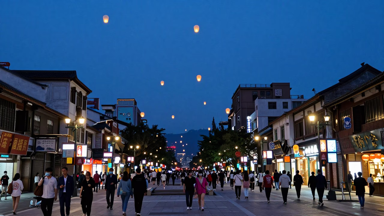 Taiwanese Street Scene at Dusk with Sky Lanterns Rising Over Taipei Rooftops in in Taipei, Taiwan