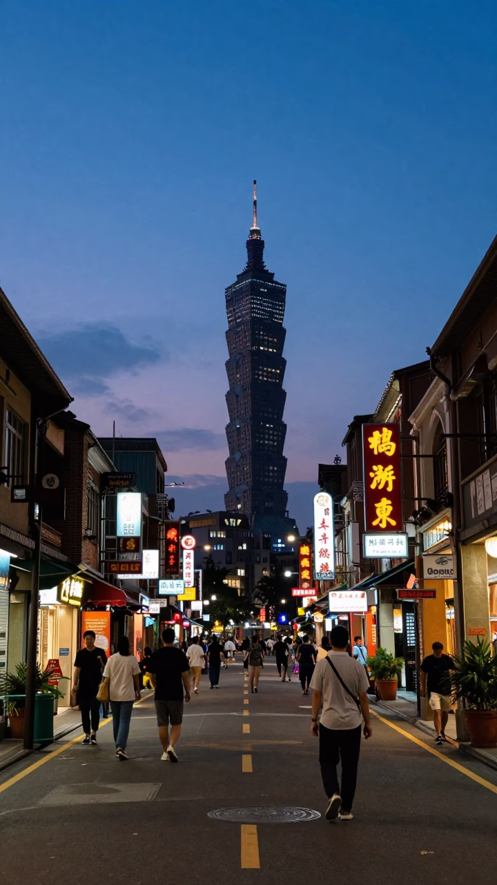 Taiwanese Street Scene in Indigo Twilight with Vintage Neon Signs and Urban Life in in Taipei, Taiwan